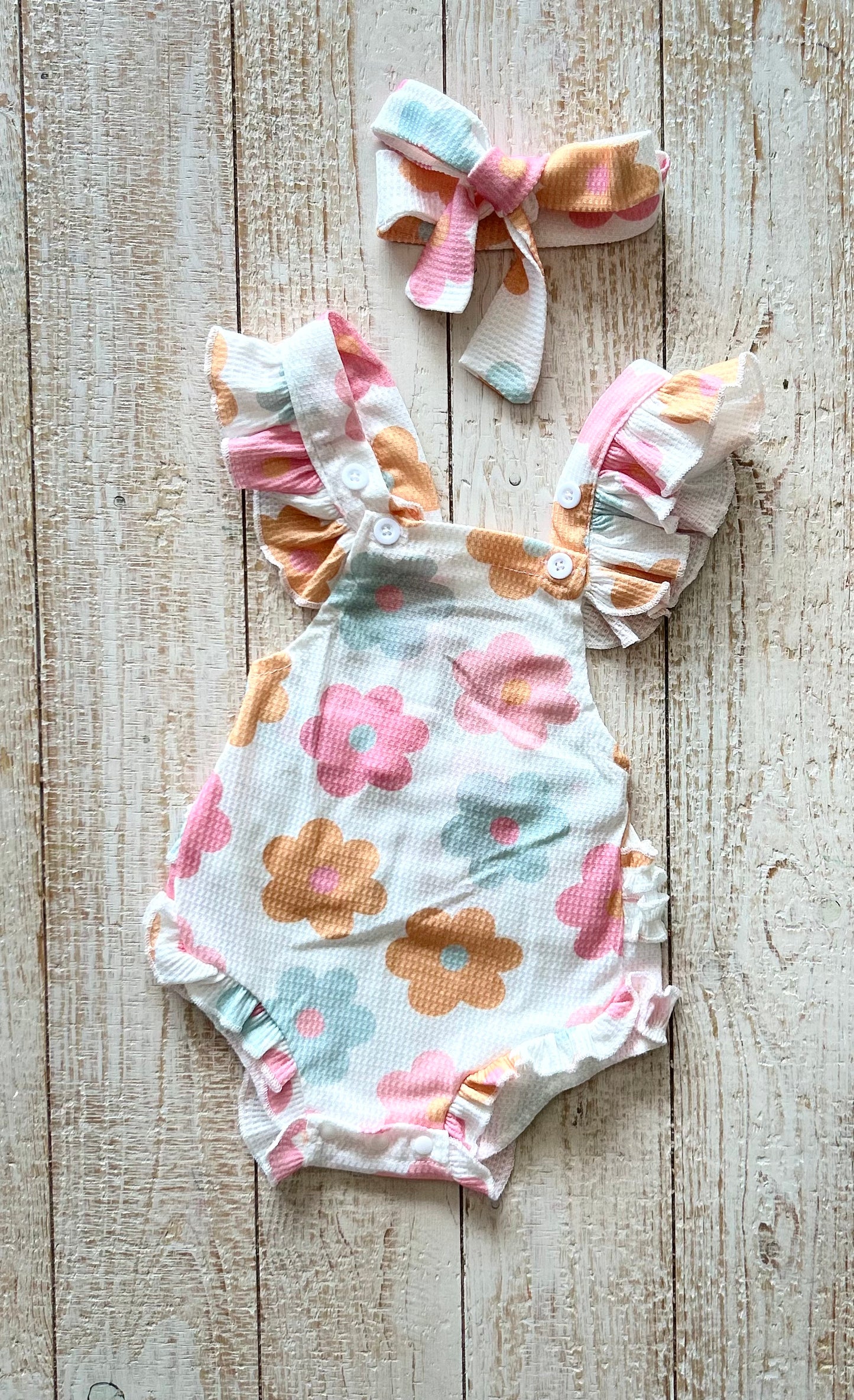 Orange and Pink Flower Ruffle Romper with Hair Bow